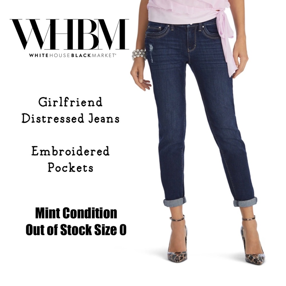 WHBM Girlfriend Dark Wash Distressed Skinny Jeans Ankle Embroidered Pockets sz 0